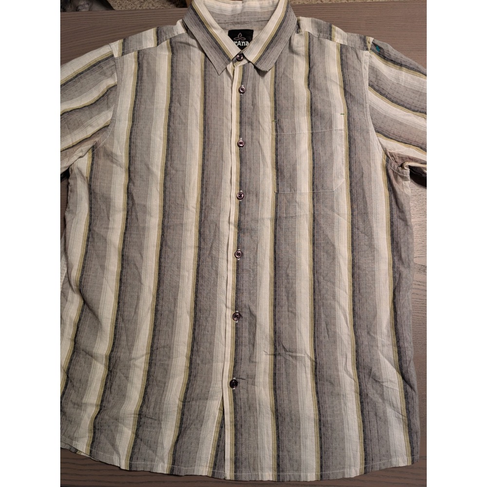 Prana Men's Medium Short Sleeve Button Down Shirt Gray Olive Striped